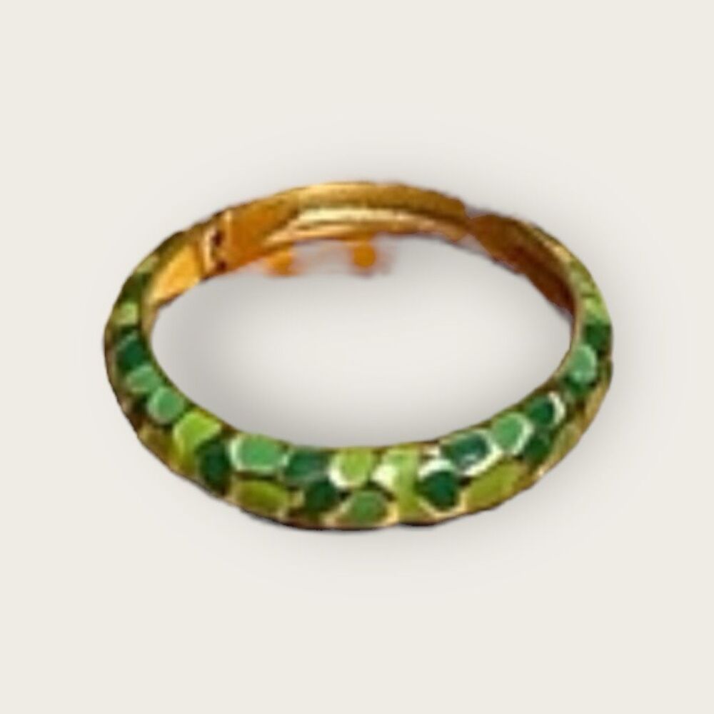 Green Mosaic Enamel Bangle Bracelet | Gold Tone Slip-On Boho Chic - Picture 4 of 4
